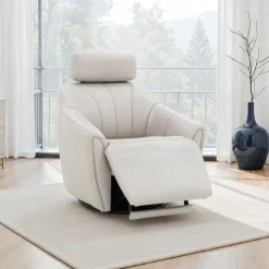 Leather Power Swivel Recliner with Built-In Audio System - Beige New
