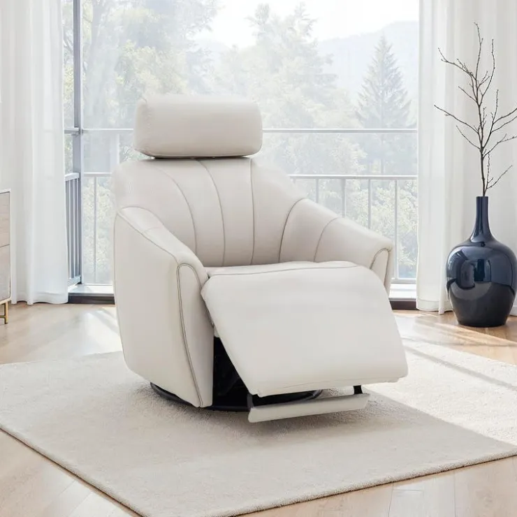 Leather Power Swivel Recliner with Built-In Audio System - Beige New