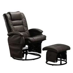 Leather Reclining Ball-Bearing Swivel Glider with Ottoman - Brown Dark Brown New