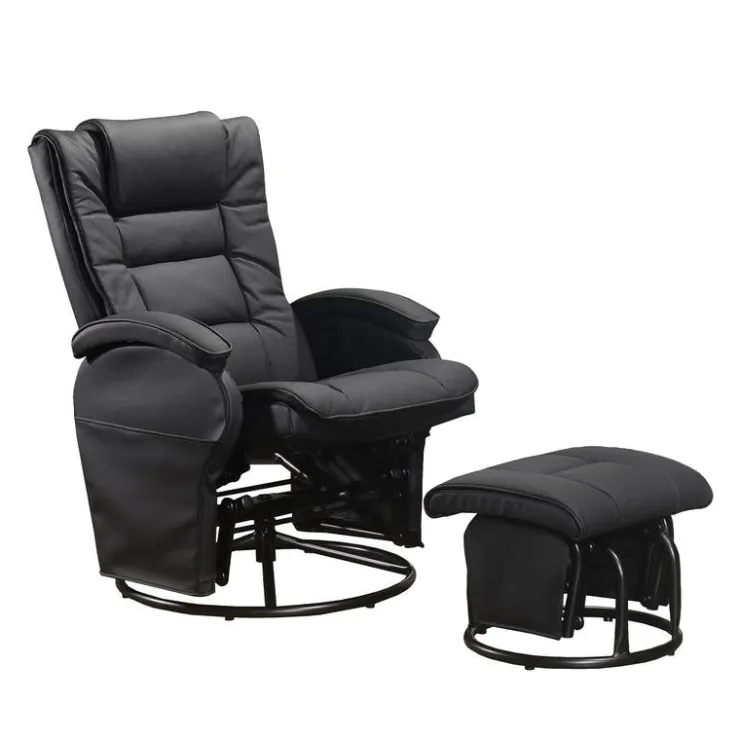 Leather Reclining Ball-Bearing Swivel Glider with Ottoman - Black