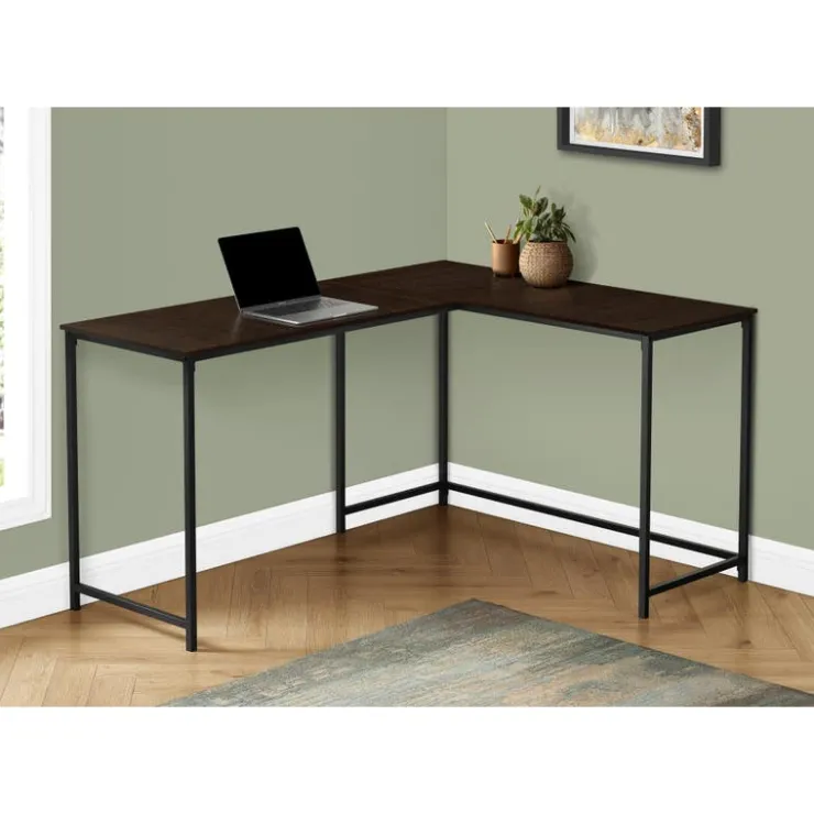 Monarch L-shaped computer desk - corner / metal base / large desk - 58"l x 44"w - esp - Espresso Outlet