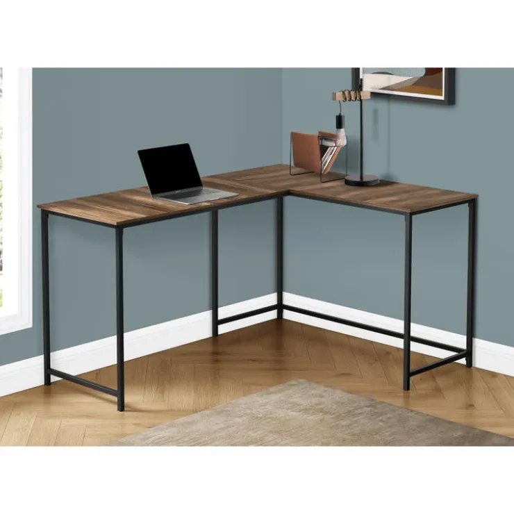 Monarch L-shaped computer desk - corner / metal base / large desk - 58"l x 44"w - bro - Brown Clearance