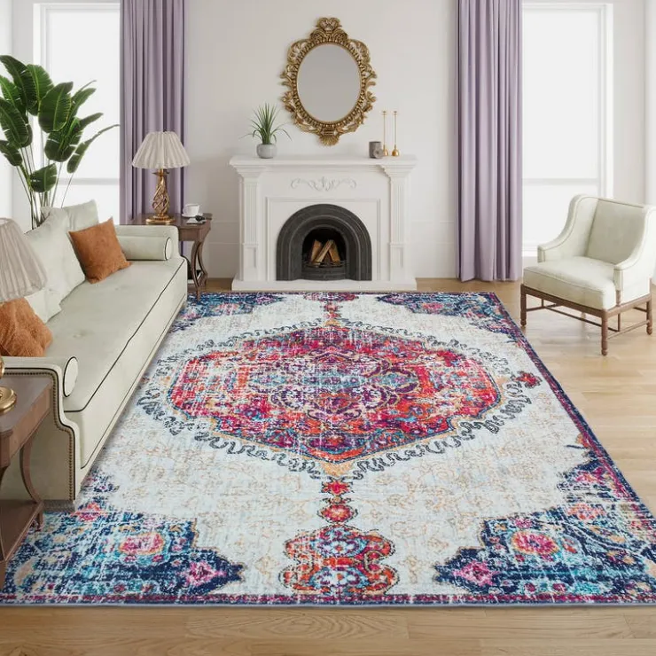 Machine Washable Indoor Rug - 5 x 7 Beige/Blue/Orange/Pink New