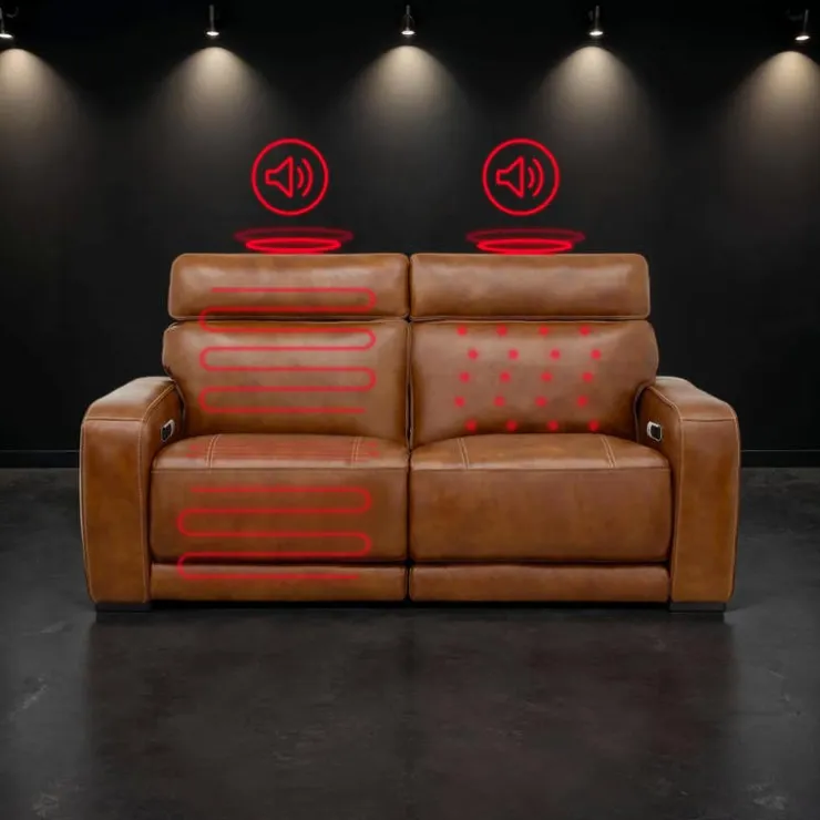 Modular Power Reclining Loveseat with Built-In Speakers, Massage & Heat - 2 pcs Brown Hot