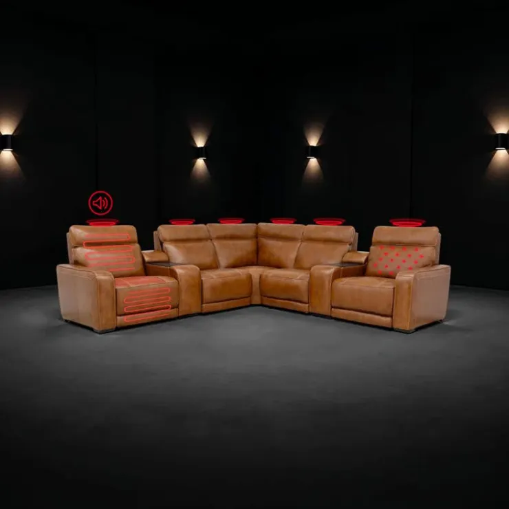 Modular Power Reclining Sectional with 2 Consoles, Built-In Speakers, Massage & Heat - 7 pcs Brown Clearance