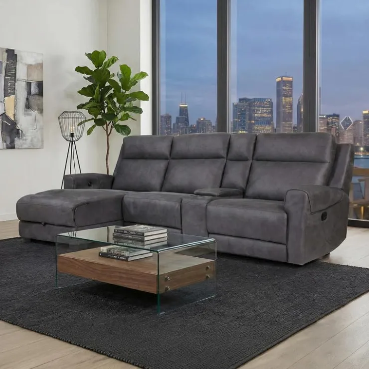 Modular Reclining Sectional, Fold-Down Seat, Chaise with Storage, Console with Cup Holders, and USB/USB-C Ports - 4 pcs Dark Grey Clearance