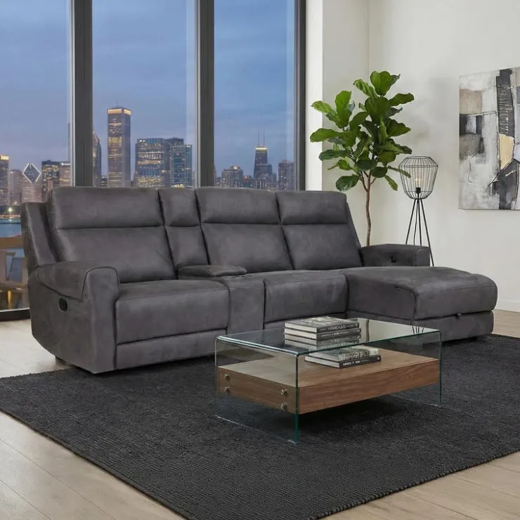 Modular Reclining Sectional, Fold-Down Seat, Chaise with Storage, Console with Cup Holders, and USB/USB-C Ports - 4 pcs Dark Grey New