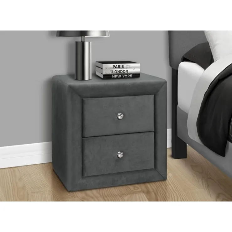Monarch Nightstand - upholstered / 2 storage drawers - 21"h - velvet - Dark Grey New