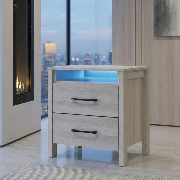 Nightstand with 2 Storage Drawers and LED Lighting Grey Best
