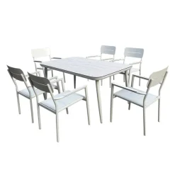 Outdoor Aluminum Dining Set with Tempered Glass Top and 6 Chairs Beige Outlet