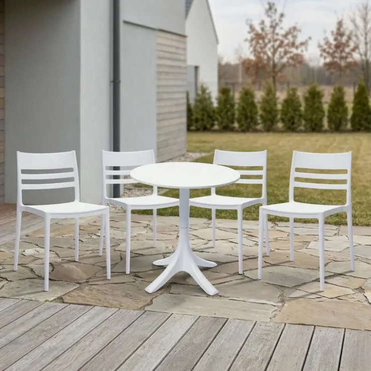 Outdoor Resin Dining Set with 1 Round Table and 4 Stackable Chairs - White Discount