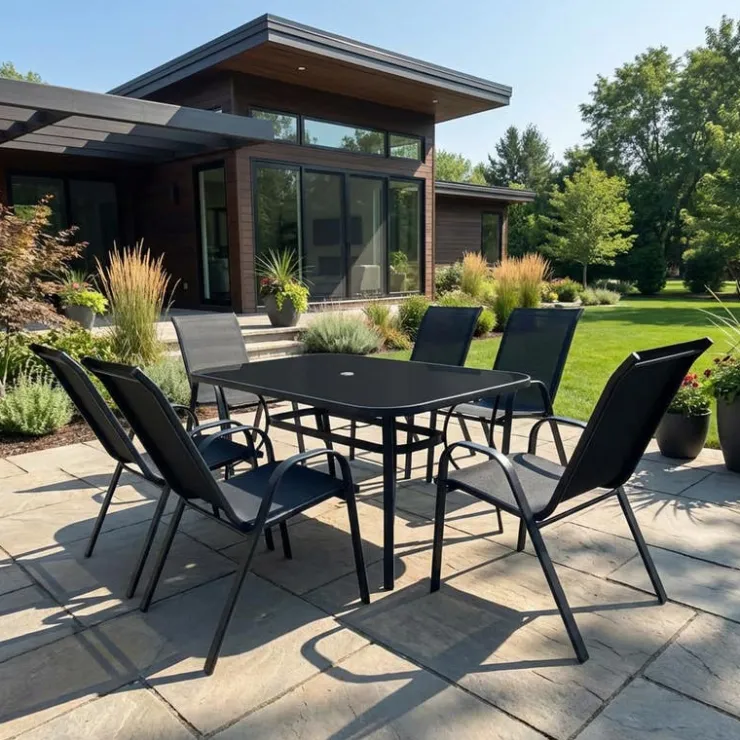 Outdoor Steel Rectangular Dining Table with 6 Chairs Black New