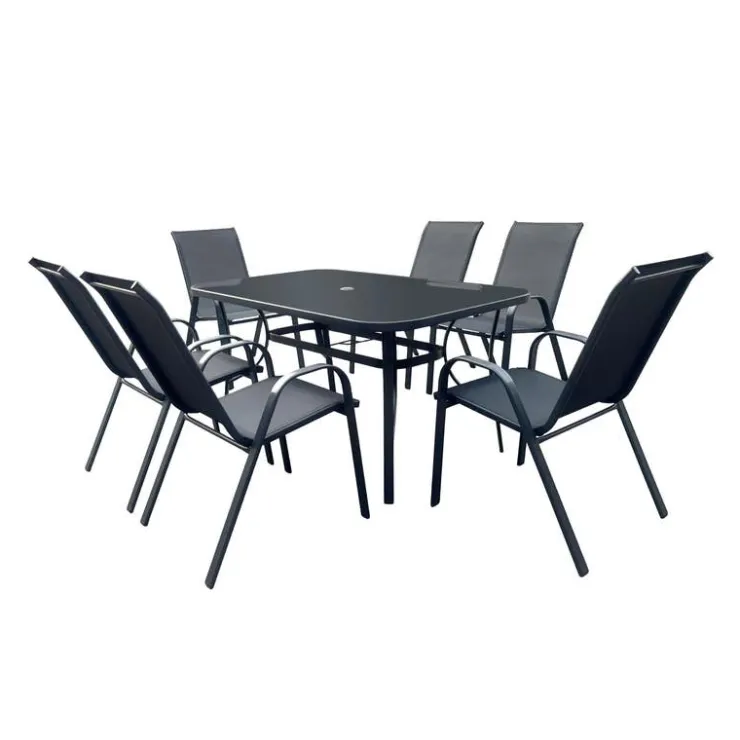 Outdoor Steel Rectangular Dining Table with 6 Chairs Black New