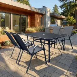 Outdoor Steel Rectangular Dining Table with 4 Chairs Black New