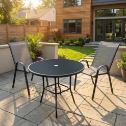 Outdoor Steel Round Dining Table with 2 Chairs Black