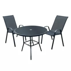 Outdoor Steel Round Dining Table with 2 Chairs Black