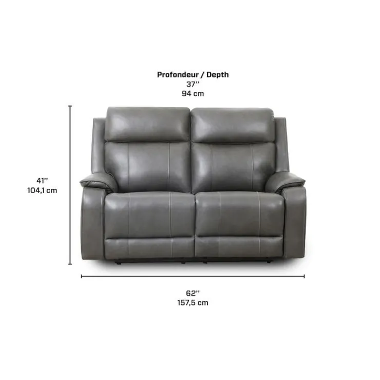 Power Leather Reclining Loveseat with Adjustable Headrests - Grey Charocal grey Clearance