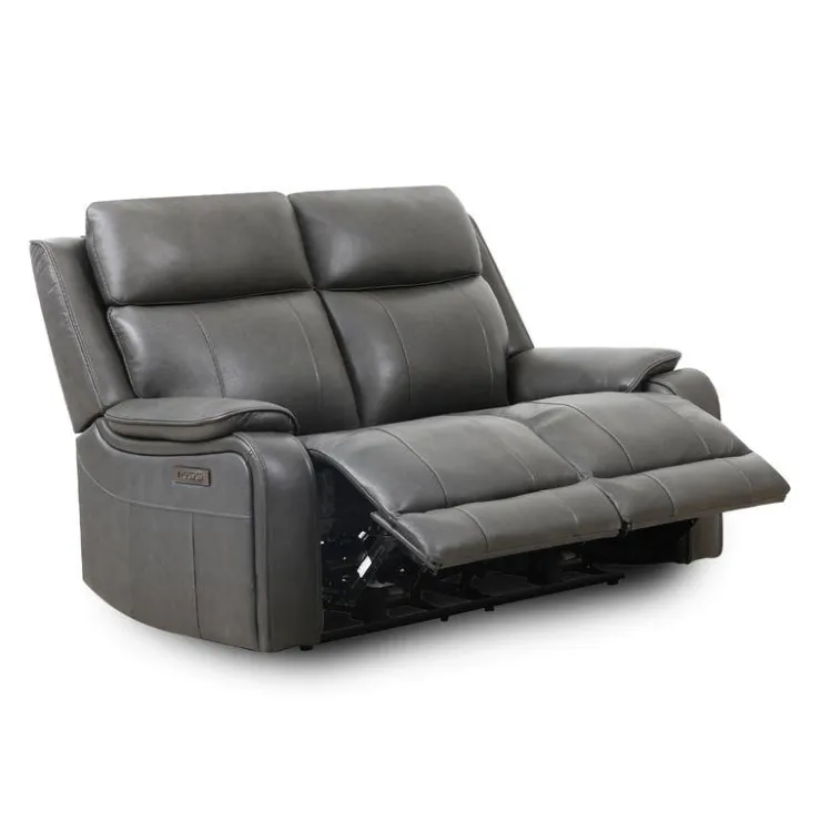 Power Leather Reclining Loveseat with Adjustable Headrests - Grey Charocal grey Clearance