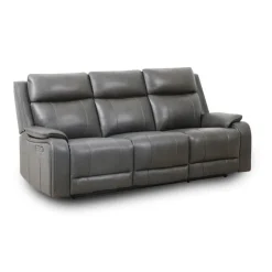 Power Leather Reclining Sofa with Adjustable Headrests - Grey Charocal grey Clearance