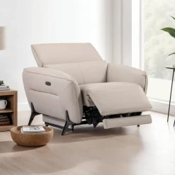 HTL Power Recliner with Adjustable Headrest - Genuine Leather Oatmeal Beige Sale