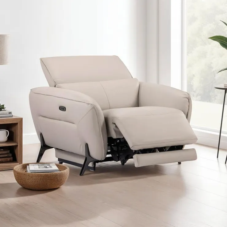 HTL Power Recliner with Adjustable Headrest - Genuine Leather Oatmeal Beige Sale