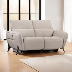 HTL Power Reclining Loveseat with Adjustable Headrests - Genuine Leather Oatmeal Beige Discount