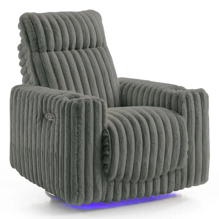 Power Swivel Corduroy Velvet Rocker Recliner with Cup Holders and LED Lighting - Grey Clearance