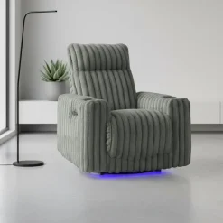 Power Swivel Corduroy Velvet Rocker Recliner with Cup Holders and LED Lighting - Grey Clearance
