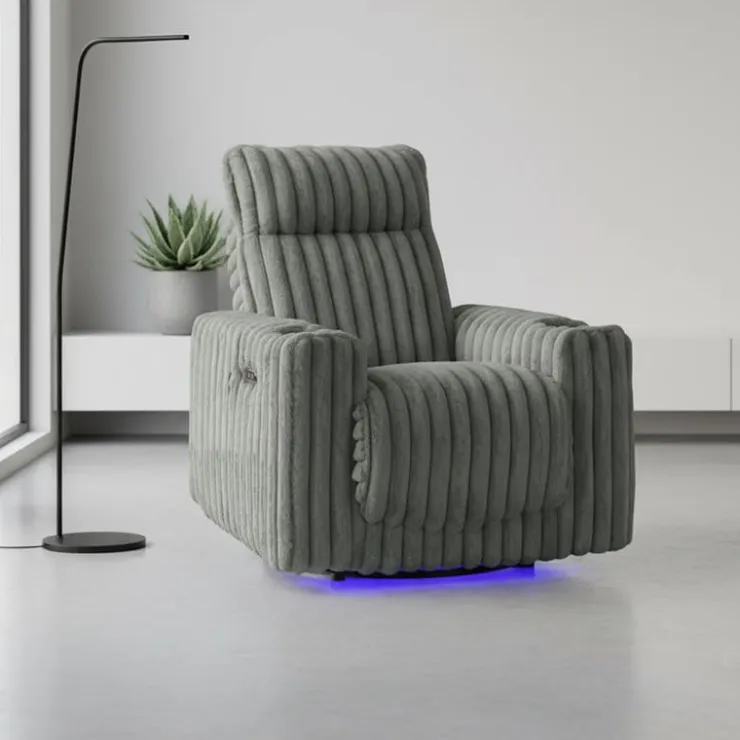 Power Swivel Corduroy Velvet Rocker Recliner with Cup Holders and LED Lighting - Grey Clearance