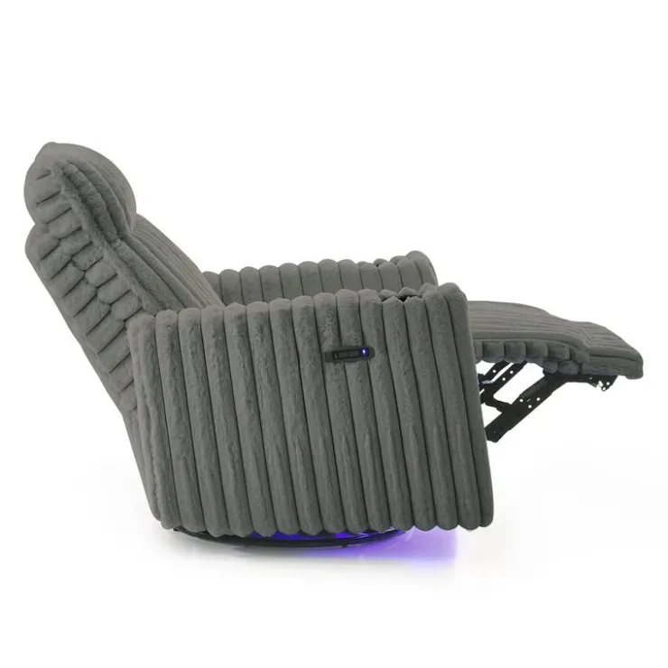 Power Swivel Corduroy Velvet Rocker Recliner with Cup Holders and LED Lighting - Grey Clearance