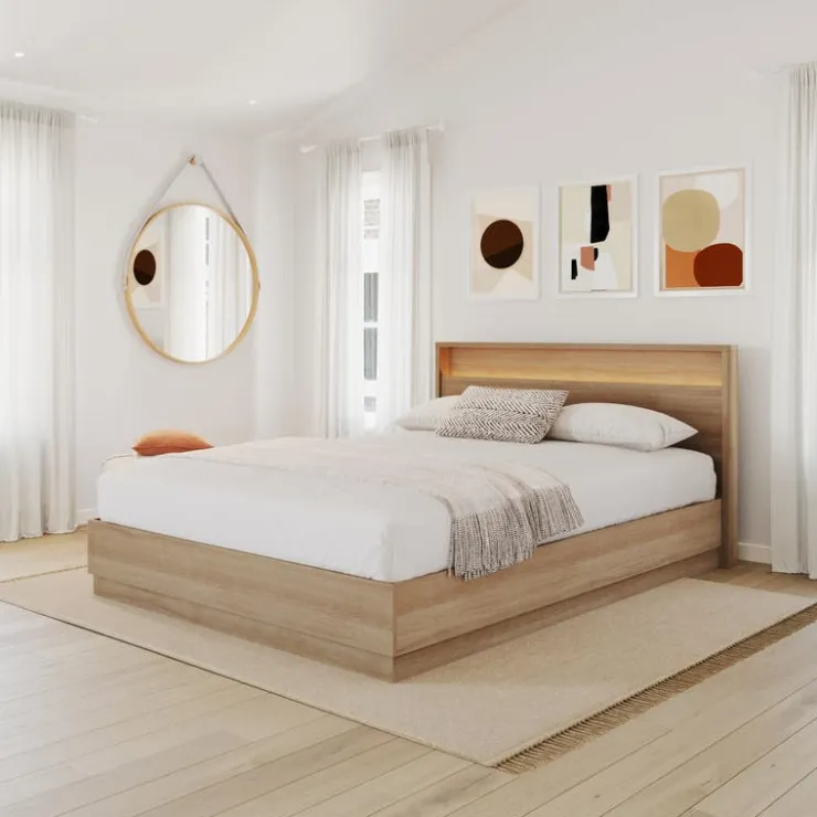 Nexera Queen Bed and Headboard with Integrated Light (60") - Brown Oak Clearance