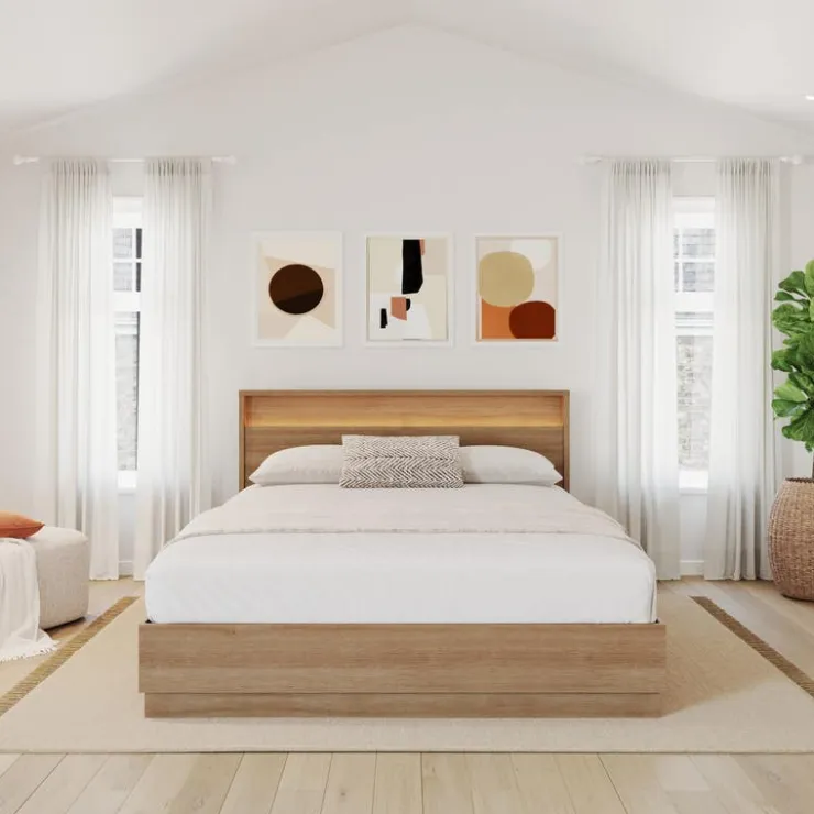 Nexera Queen Bed and Headboard with Integrated Light (60") - Brown Oak Clearance