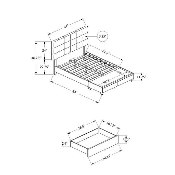 Monarch Queen Bed with 2-Drawer Storage and Headboard (60") - Grey Clearance