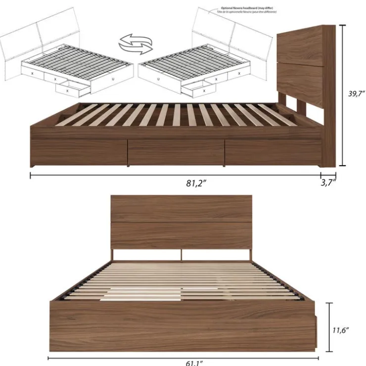 Nexera Queen Bed with 3-Drawer Storage and Headboard (60") - Brown Clearance