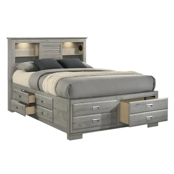 Queen Bed with Drawers & Multifunctional Headboard with Speakers - 60" Grey Outlet