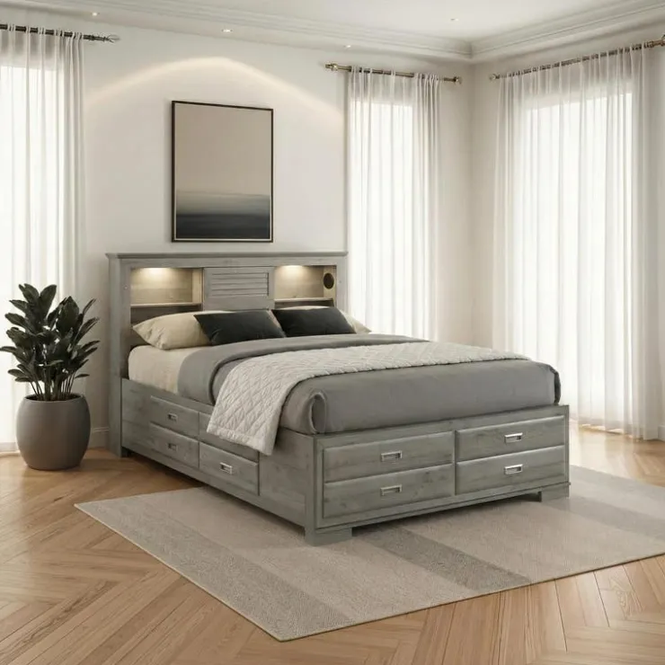 Queen Bed with Drawers & Multifunctional Headboard with Speakers - 60" Grey Outlet