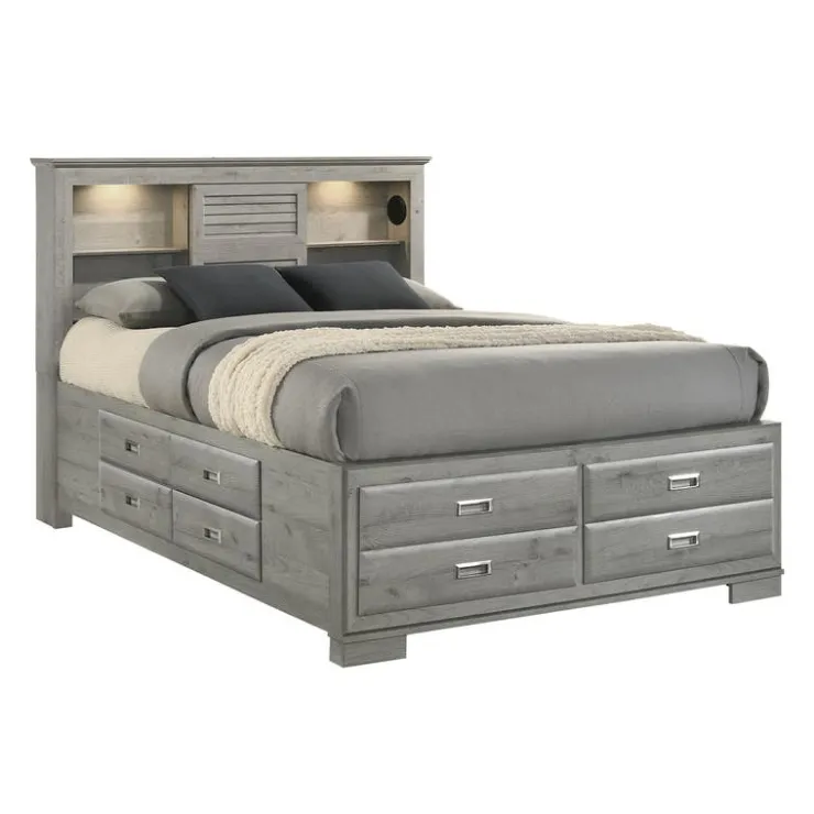 Queen Bed with Drawers & Multifunctional Headboard with Speakers - 60" Grey Outlet