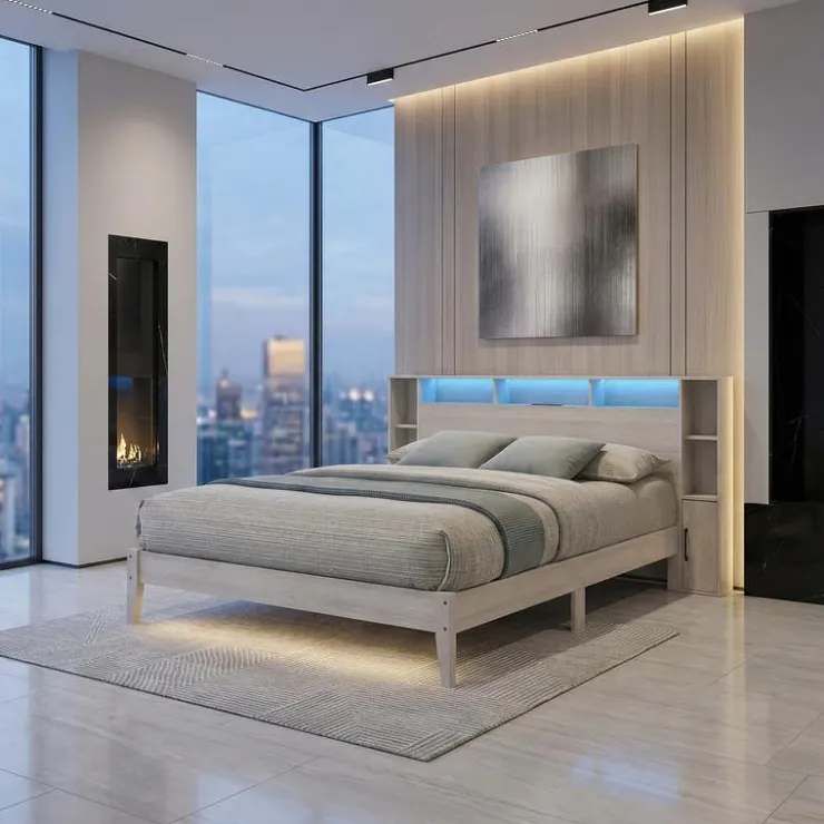 Queen Bed with LED, Wireless Charger, USB and Storage - 60" Grey Clearance