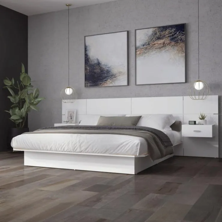 SUA-V Queen Bed with Wall Units and Nightstands (60") White