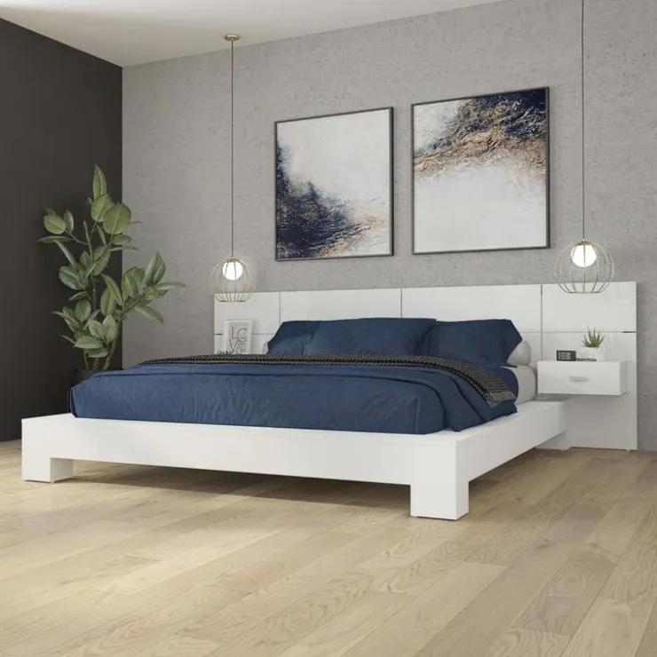 SUA-V Queen Bed with Wall Units and Nightstands (60") White