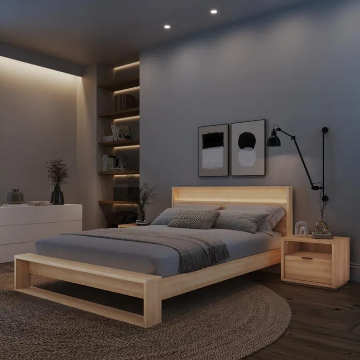 Nexera Queen Bedroom Set with Lighting (60") - 4 pcs - Natural Blonde Oak Hot