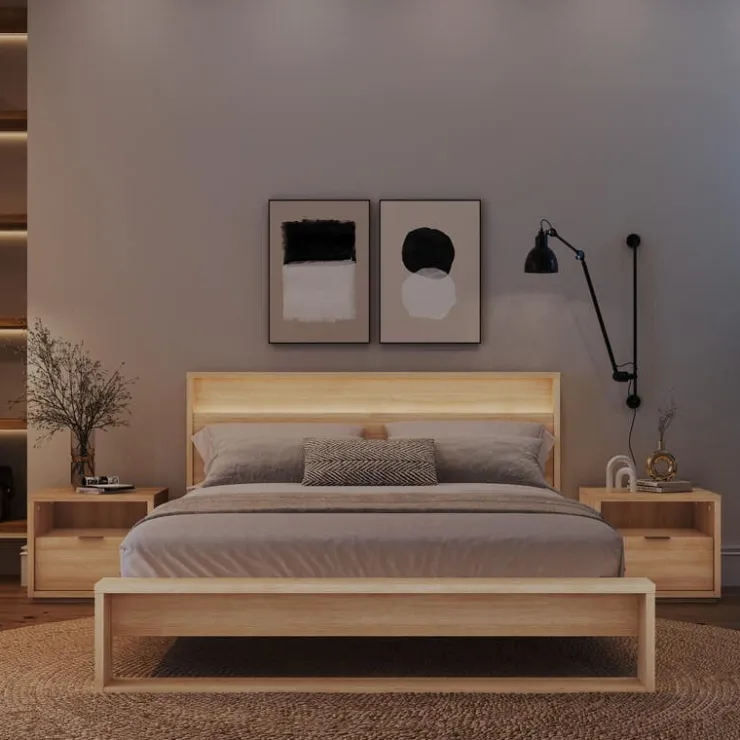 Nexera Queen Bedroom Set with Lighting (60") - 4 pcs - Natural Blonde Oak Hot