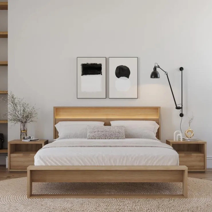 Nexera Queen Bedroom Set with Lighting (60") - 4 pcs - Brown Oak Clearance