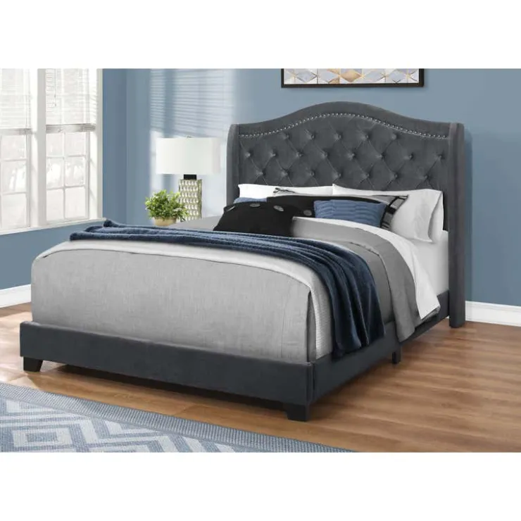 Monarch Queen Fabric Bed with Headboard (60") - Dark Grey New