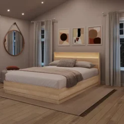 Nexera Queen Headboard with Integrated Lighting - Natural Blonde Oak