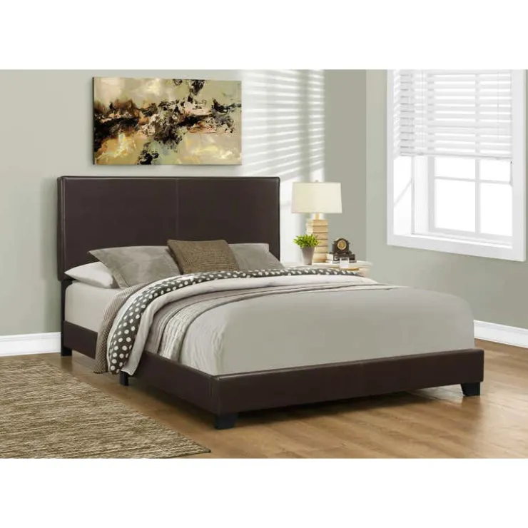Monarch Queen Leather-Look Bed with Headboard (60") - Brown Clearance