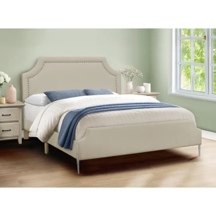 Monarch Queen Linen Bed with Headboard (60") - Beige Outlet