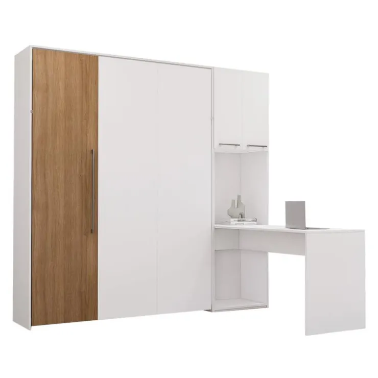 Queen Murphy Bed with Storage Cabinets and Desk - White & Brown Discount