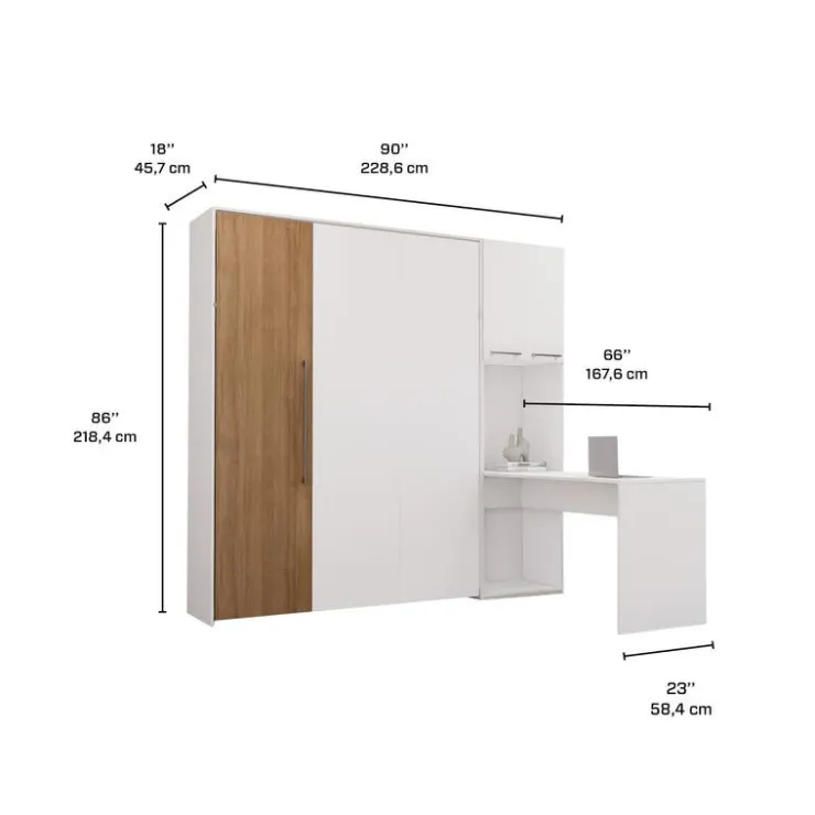 Queen Murphy Bed with Storage Cabinets and Desk - White & Brown Discount