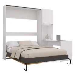Queen Murphy Bed with Storage Cabinets and Desk - White & Brown Discount